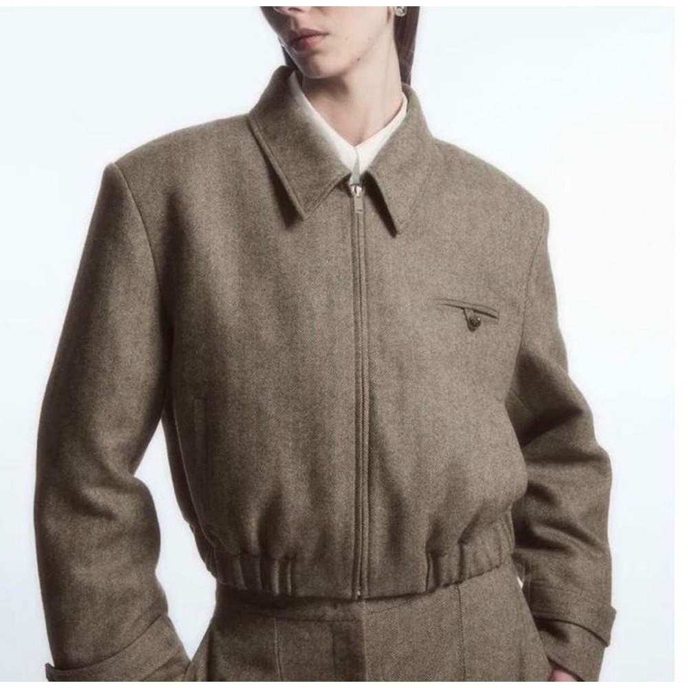 COS Herringbone Bomber Jacket Size 10 Brown Wool‎ Blend Cropped Zip Up Oversized